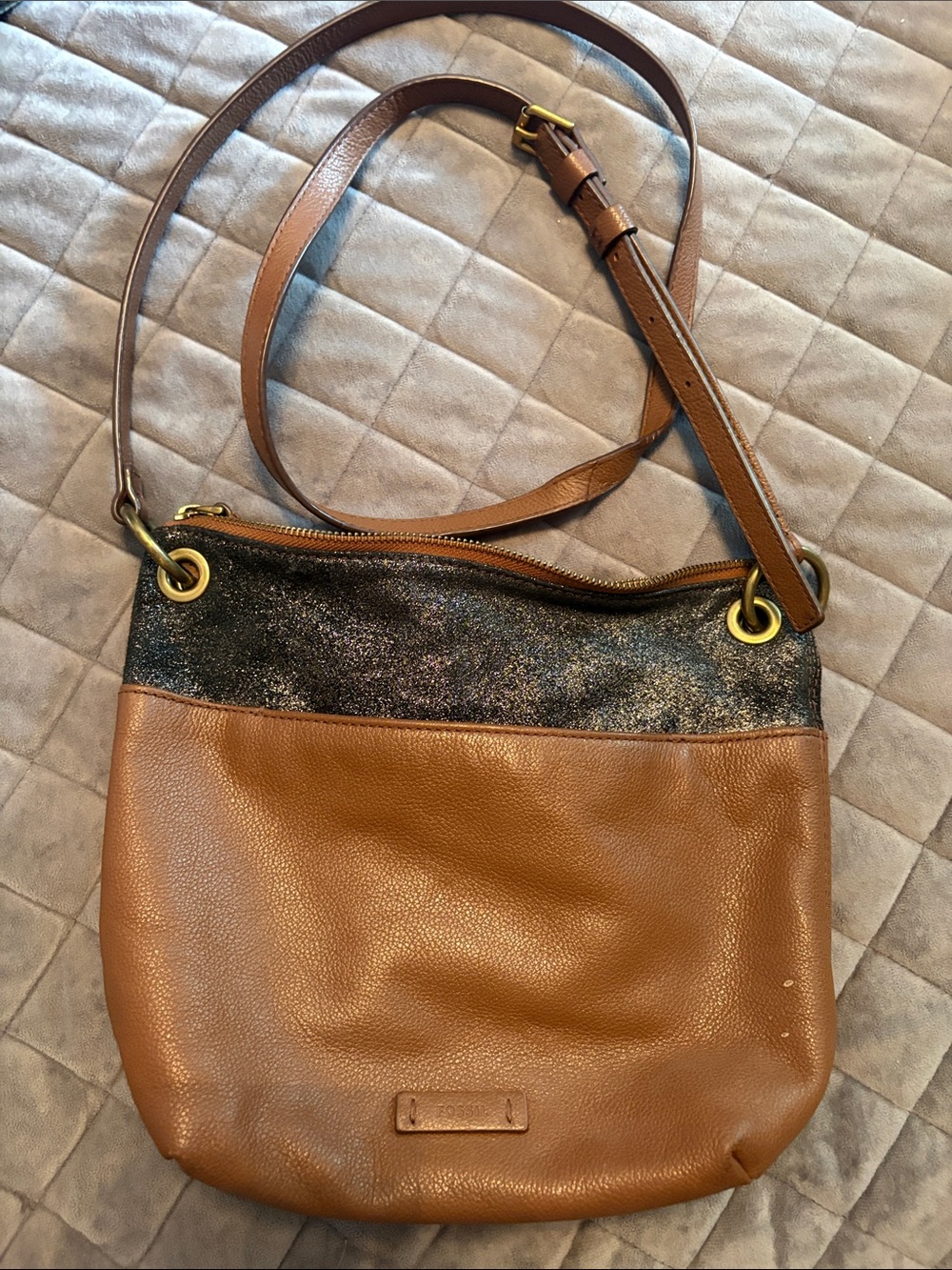 Fossil Brown Leather Crossbody Bag with Black Glitter Accent